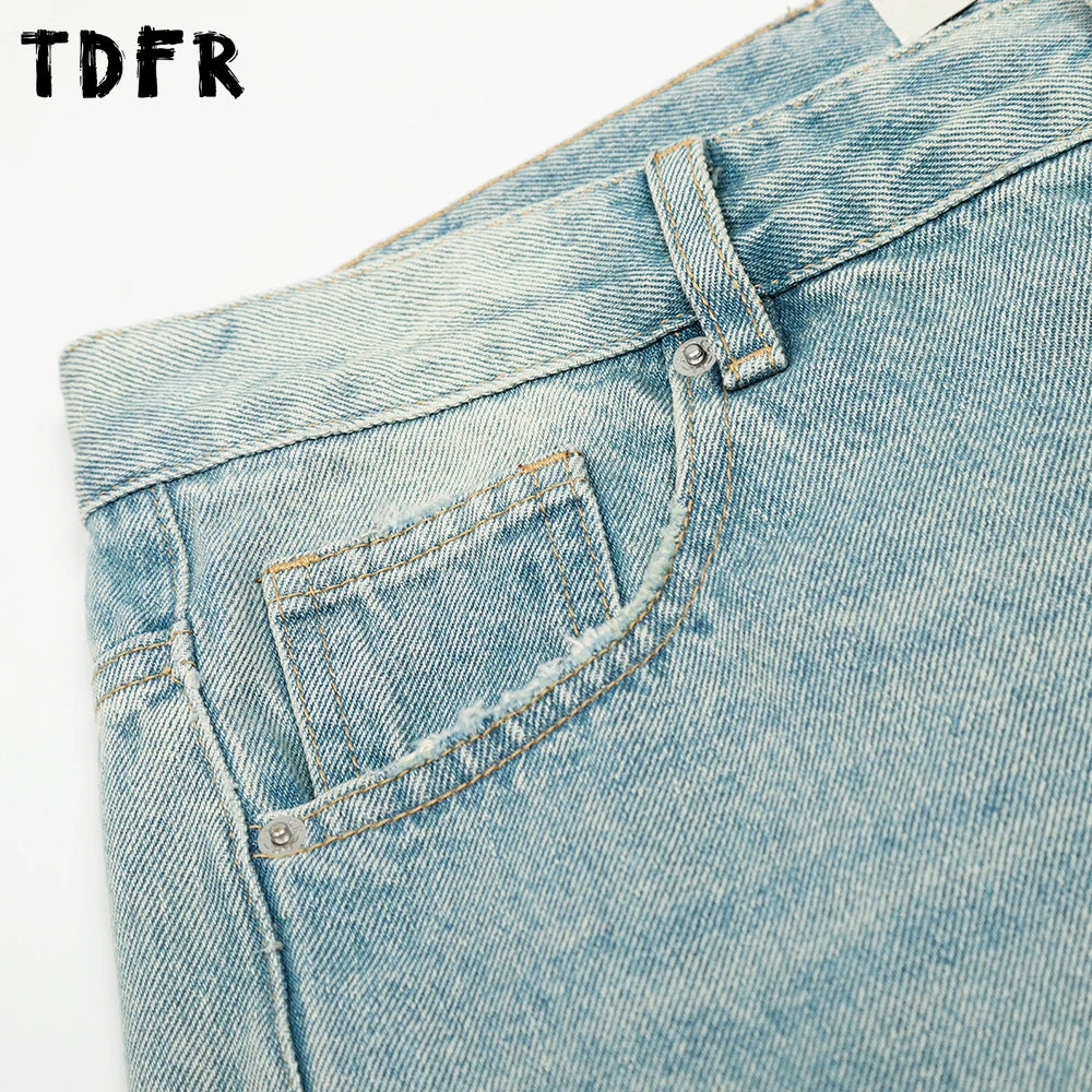 Ripped Straight Jeans Mens Pocket Retro Casual Washed Distressed Baggy Wide Leg Denim Pants Man
