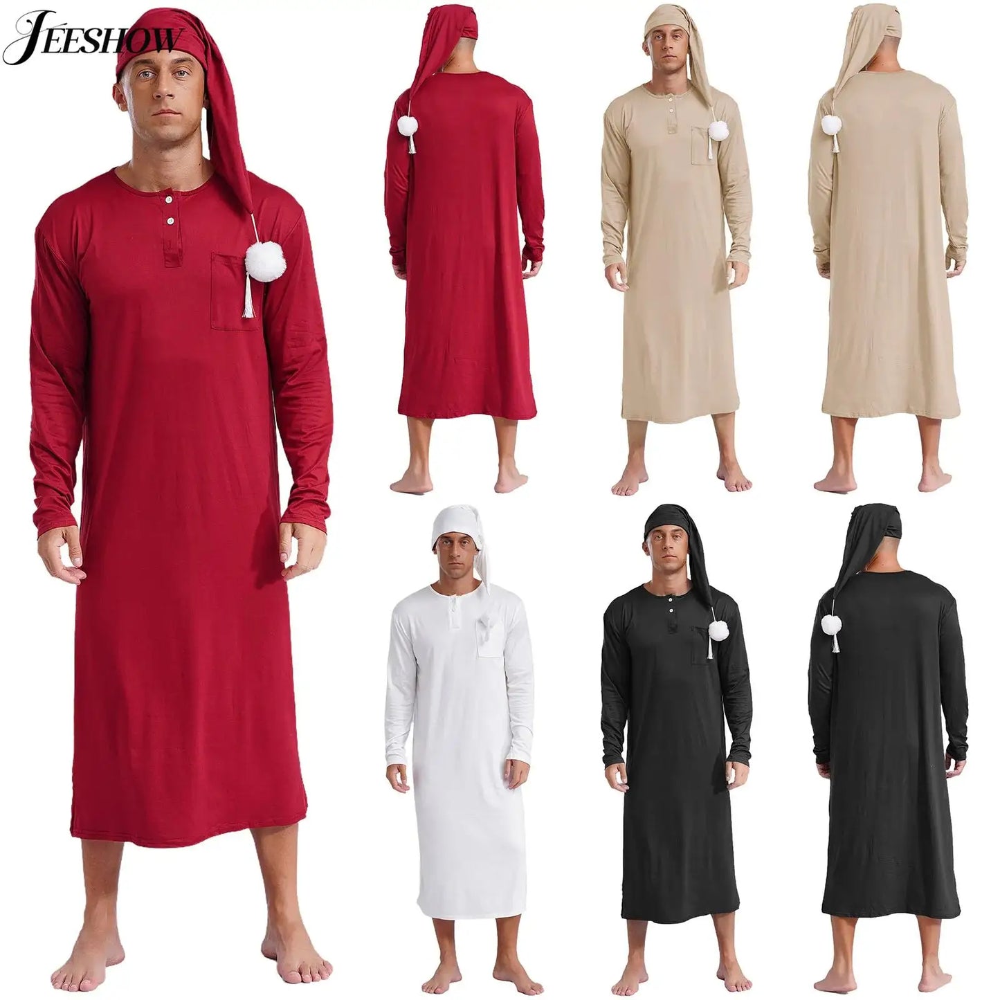 Mens Solid Color Long Sleeve Sleep Robe with Night Cap Round Neck Big & Tall Nightshirts Home Loungewear Pajamas Sleepwear
