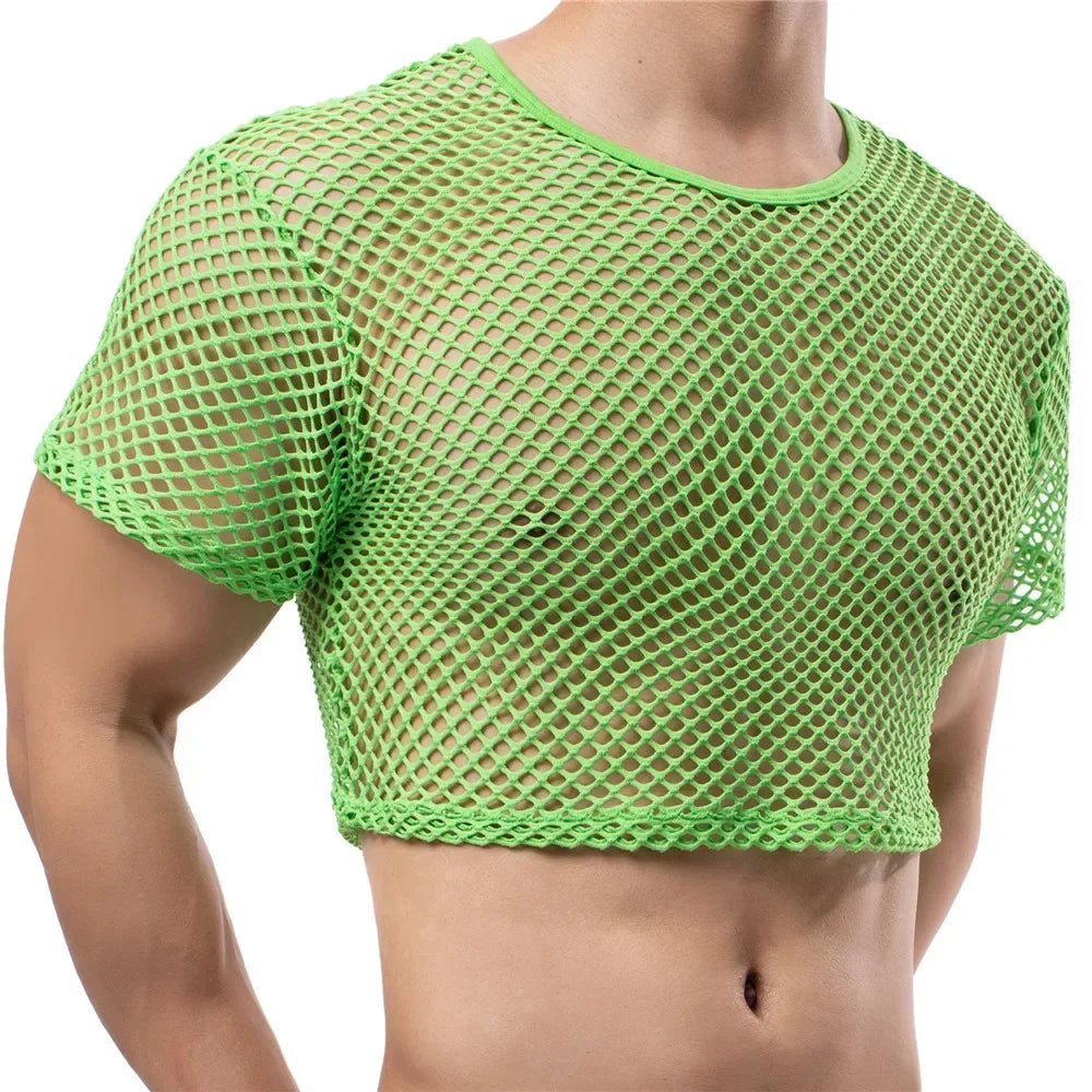 Sexy Mens Undershirts Short Sleeve Transparent Mesh Crop Tops Fishnet Hollow Out T Shirts Sport Nightclub Muscle Sheer Tees Tops