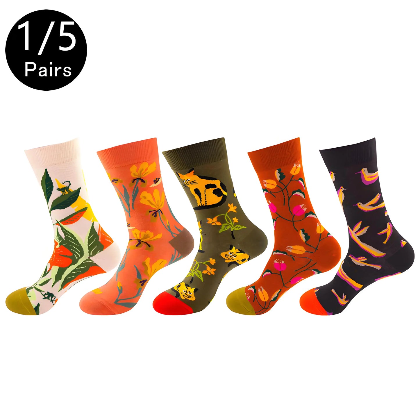1/5 Pairs Men Women Socks Unisex Colored Printed Mid Tube Socks With Trendy And Personalized Animal Flower Designs Casual Socks