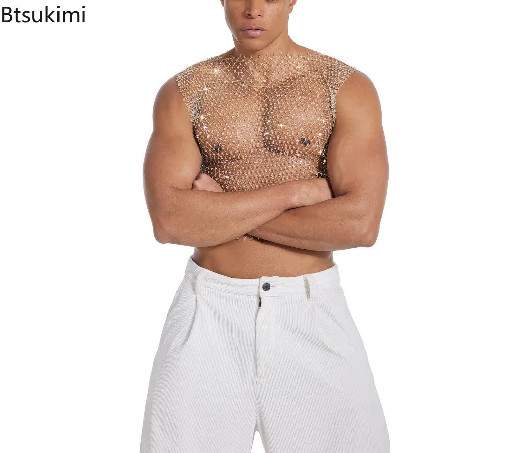2026 New Men's Sexy Tank Tops Fishnet Rhinestone Shiny Hollow Vest Man Mesh See-Through Sleeveless T-Shirt Transparent Clothing