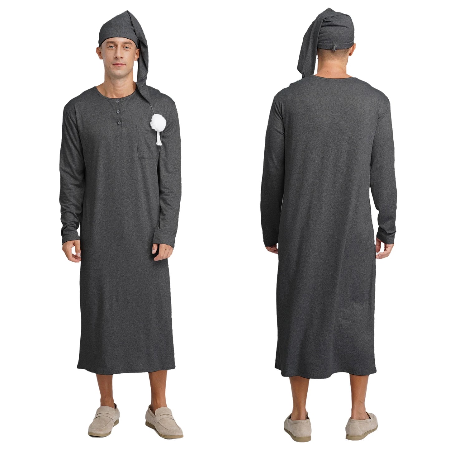 Mens Solid Color Long Sleeve Sleep Robe with Night Cap Round Neck Big & Tall Nightshirts Home Loungewear Pajamas Sleepwear