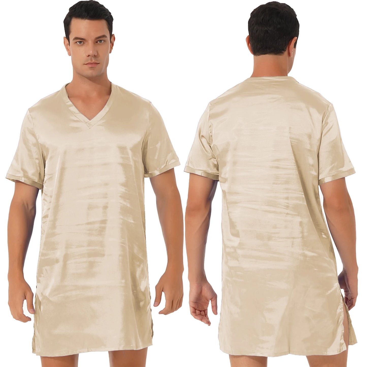 Mens Satin Sleepwear Tops Night Shirt Nightgown Pajamas Dress Short Sleeve Underwear Homewear Sides Split Sleep Tops Nightwear