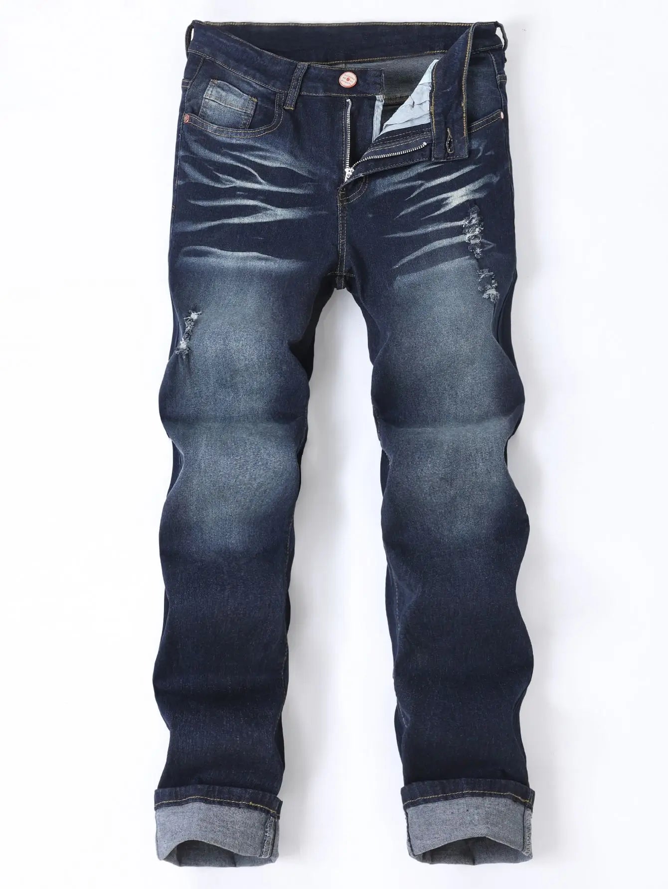 Slim Fit Men's Jeans in Deep Blue with Elastic Holes
