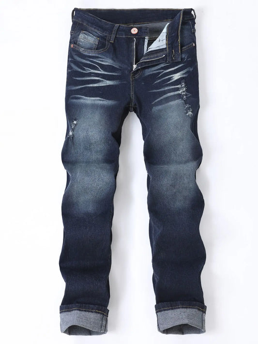 Slim Fit Men's Jeans in Deep Blue with Elastic Holes