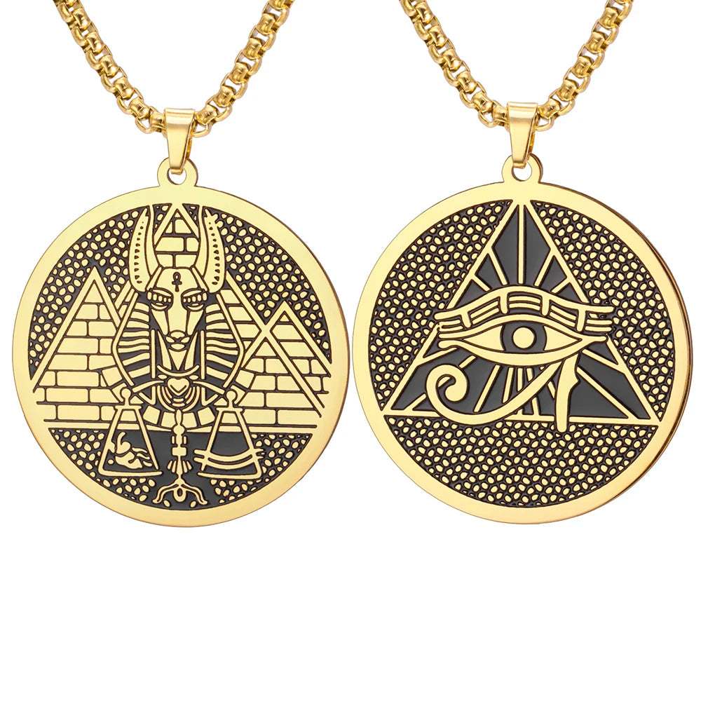 Egyptian God Anubis Double Sides Necklace Pharaoh Pyramid Eye of Horus Protection Amulet Stainless Steel Ancient Egypt Jewelry