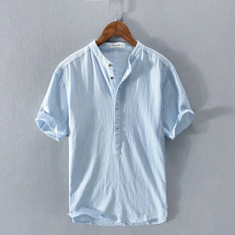 New Mens Short Sleeve T Shirts Solid Color Stand Up Collar Shirt Summer Trendy Breathable Loose Youth Basic Cotton Pocket Top