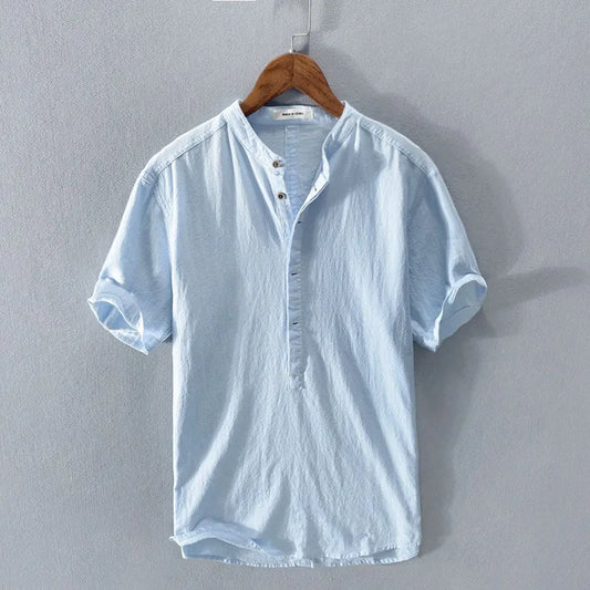 New Mens Short Sleeve T Shirts Solid Color Stand Up Collar Shirt Summer Trendy Breathable Loose Youth Basic Cotton Pocket Top