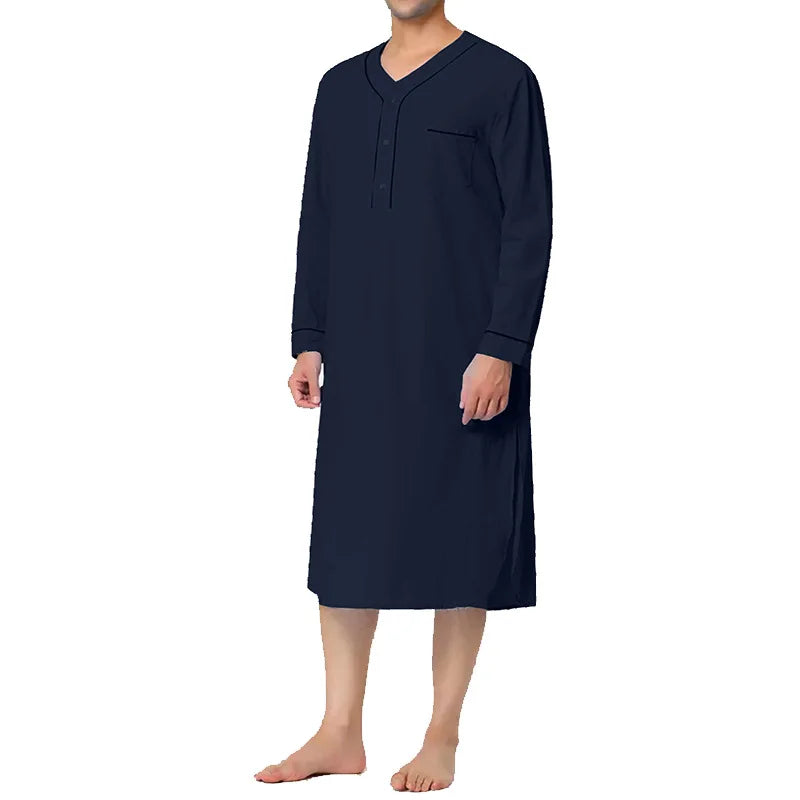 S-3XL New Men's Sleep Tops Cotton Long Sleeve V-neck Loose Pajamas Leisure Nightgown Mens Nightshirts Male Sleepwear Loungewear
