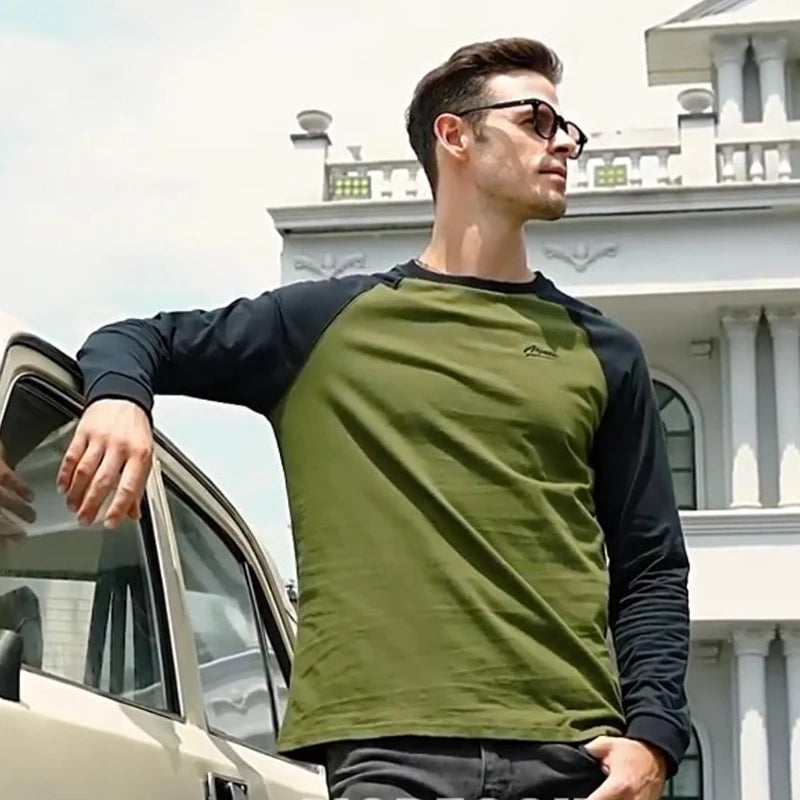 Men's Bottom T-shirt Trendy Contrast Color Tops 100% Cotton Long Sleeve Tees Spring Autumn Casual Streetwear O-neck Slim T-shirt
