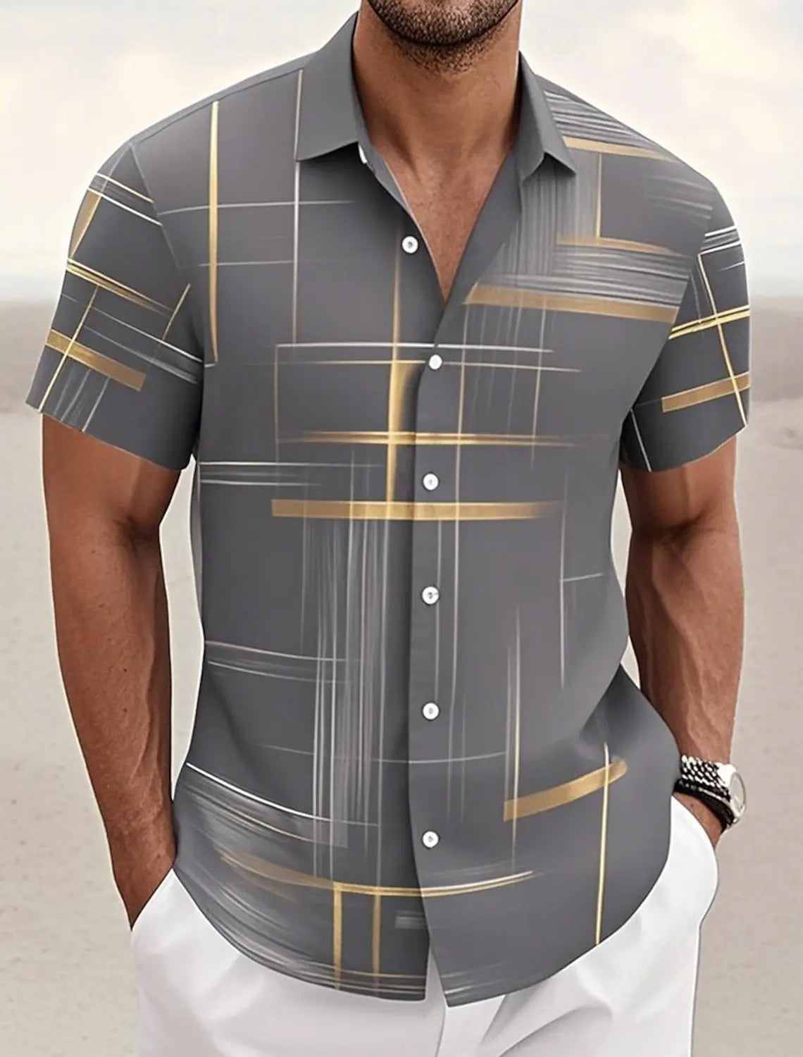 Men's Short Sleeve Geometric Plaid Hawaiian Shirt
