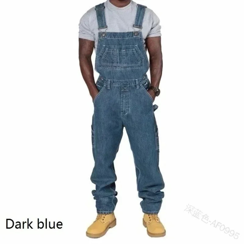 Casual Men’s Denim Overalls with Pockets and Elastic Waist