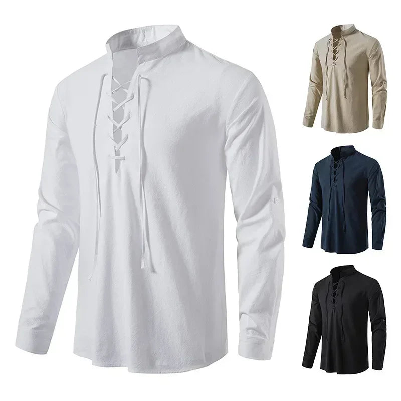 NONE 2026 + Men's Casual Blouse Cotton Linen Shirt Top