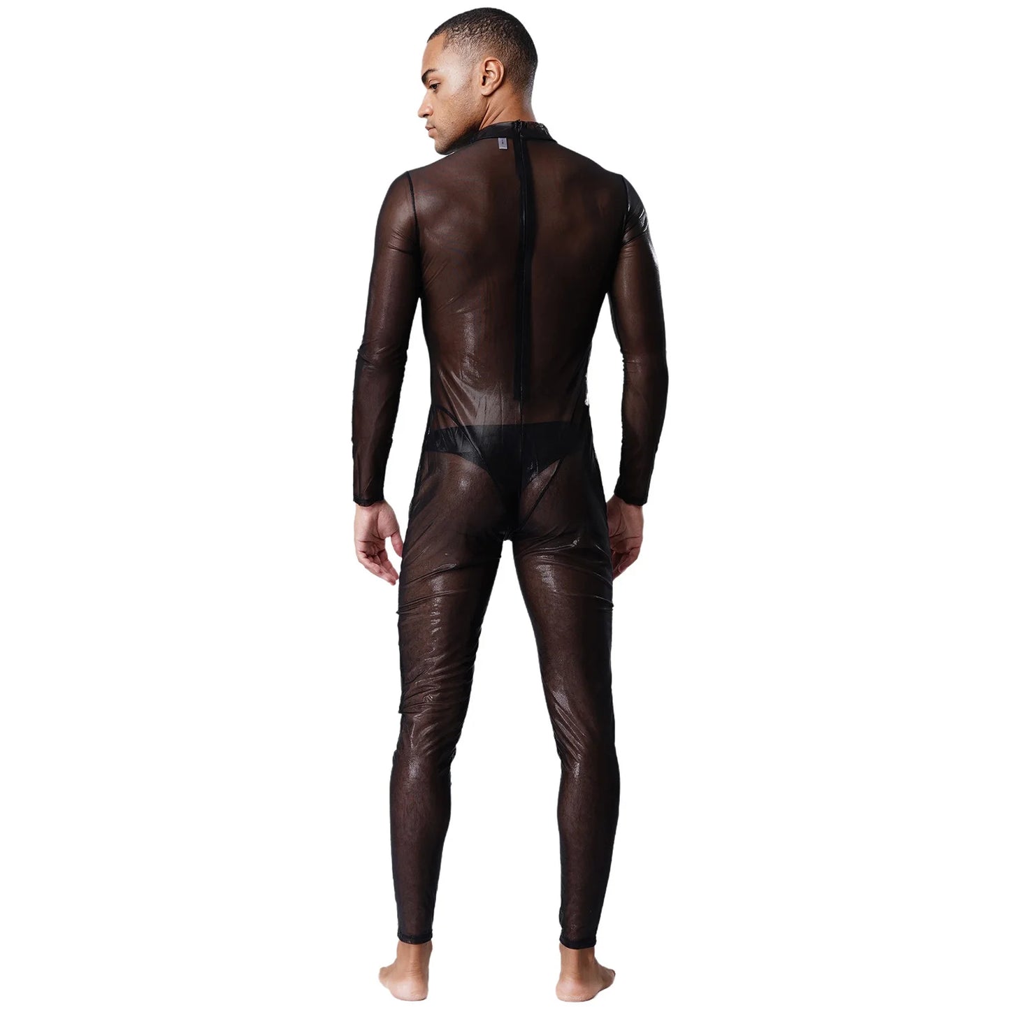 Mens Lingerie Tights Long Pants Metallic Shiny Full Body Unitard Back Zipper Catsuit Bodysuit Leggings Sheer Jumpsuit Clubwear