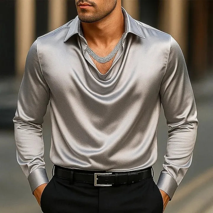 Men's Satin Silk Casual Dress Shirt Long Sleeve