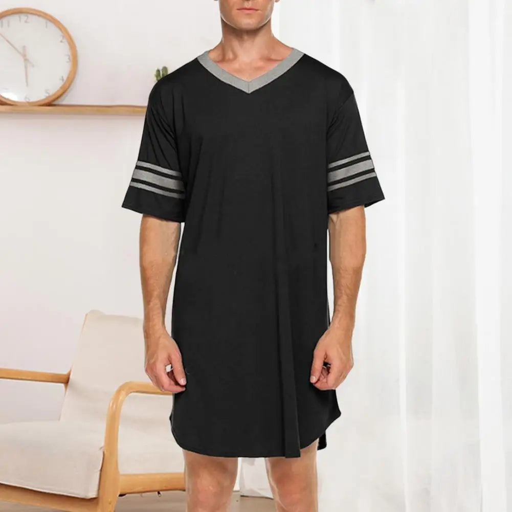 Men Loungewear Contrast Color Men Summer Long T-shirt Striped Print Sleeping Clothes Men Bathrobe Sleep Dress Homewear Robe
