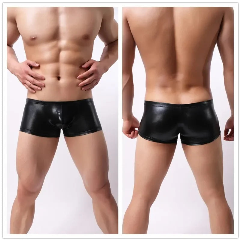 Men's Shiny Leather Boxer Shorts with U Convex Pouch