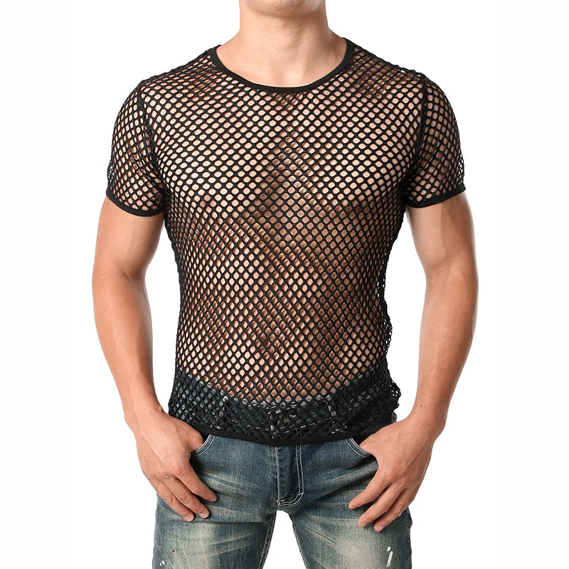 Mens Transparent Sexy Mesh T Shirt  New See Through  Fishnet Long Sleeve Muscle Undershirts Nightclub Party Perform Top Tees