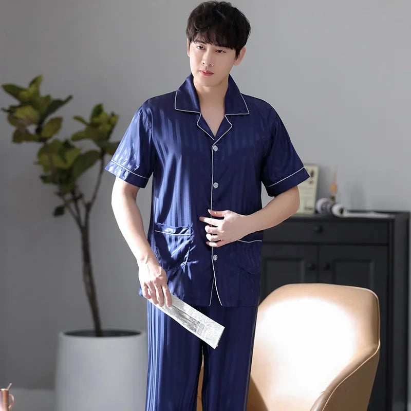 Summer Striped Men Sleepwear Suits Silk Mens Pajamas Turn-down Collar Cardigan Short Sleeve Long Pants Male Pyjamas
