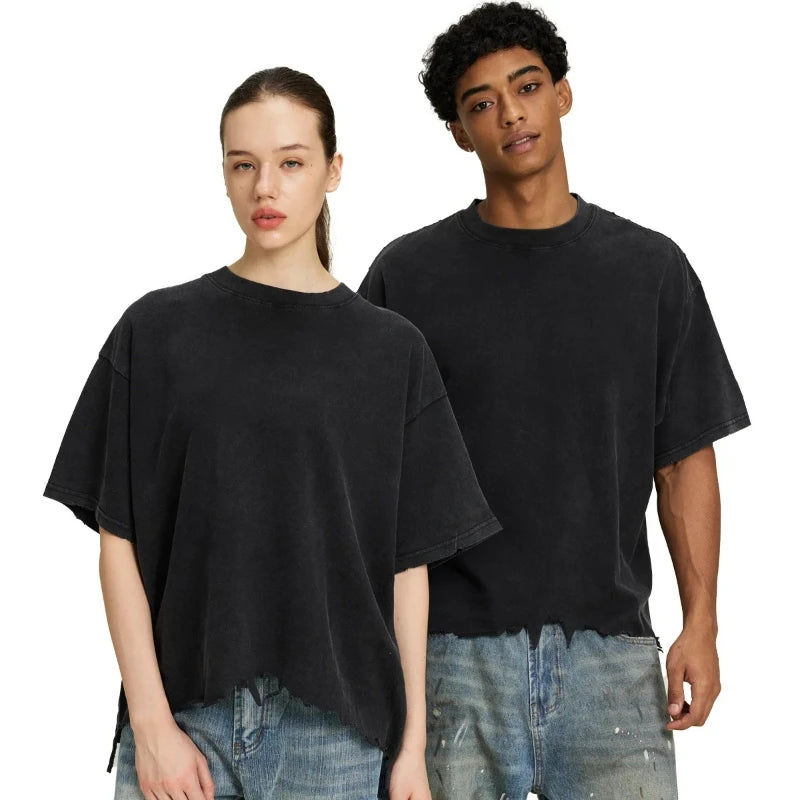 Mens T Shirt Premium Cotton Washed Boxy Fit Vintage Distressed Streetwear Tee Harajuku Unisex Loose Fit Casual Fashion Trend New