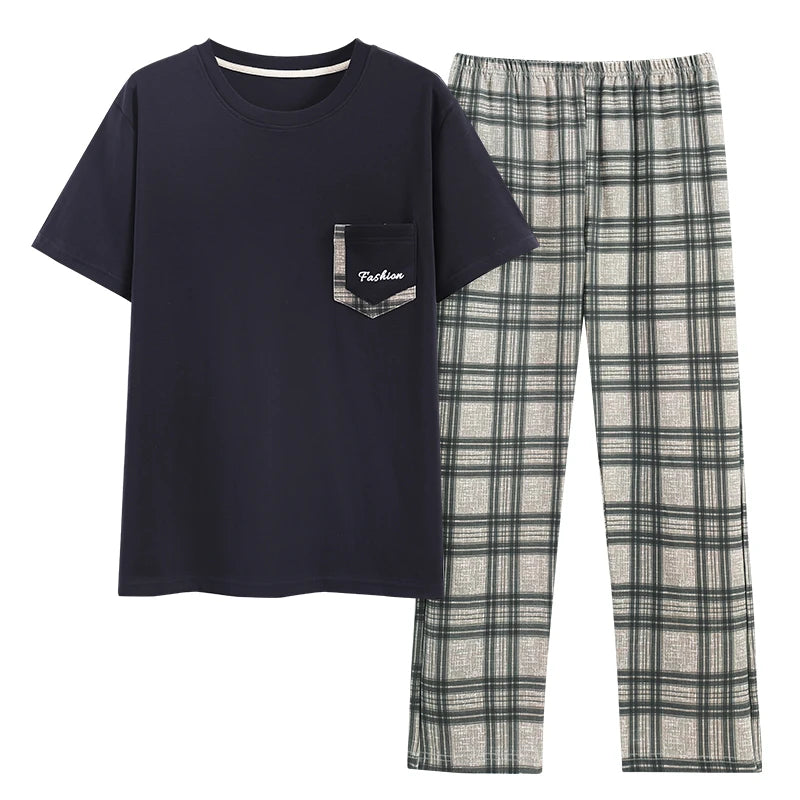 Men's Home Clothes Summer Striped Cotton Sleepwear Lounge Set Homewear Male Pajamas Set Trouser Home Suit Big Size Pijama Hombre
