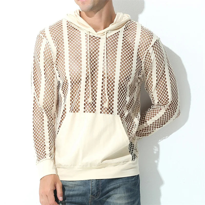 Mens Undershirts Hoodies Sexy Transparent Mesh Shirts Fishnet Hollow Out T Shirts Sport Fitness Nightclub See Through Tees Tops