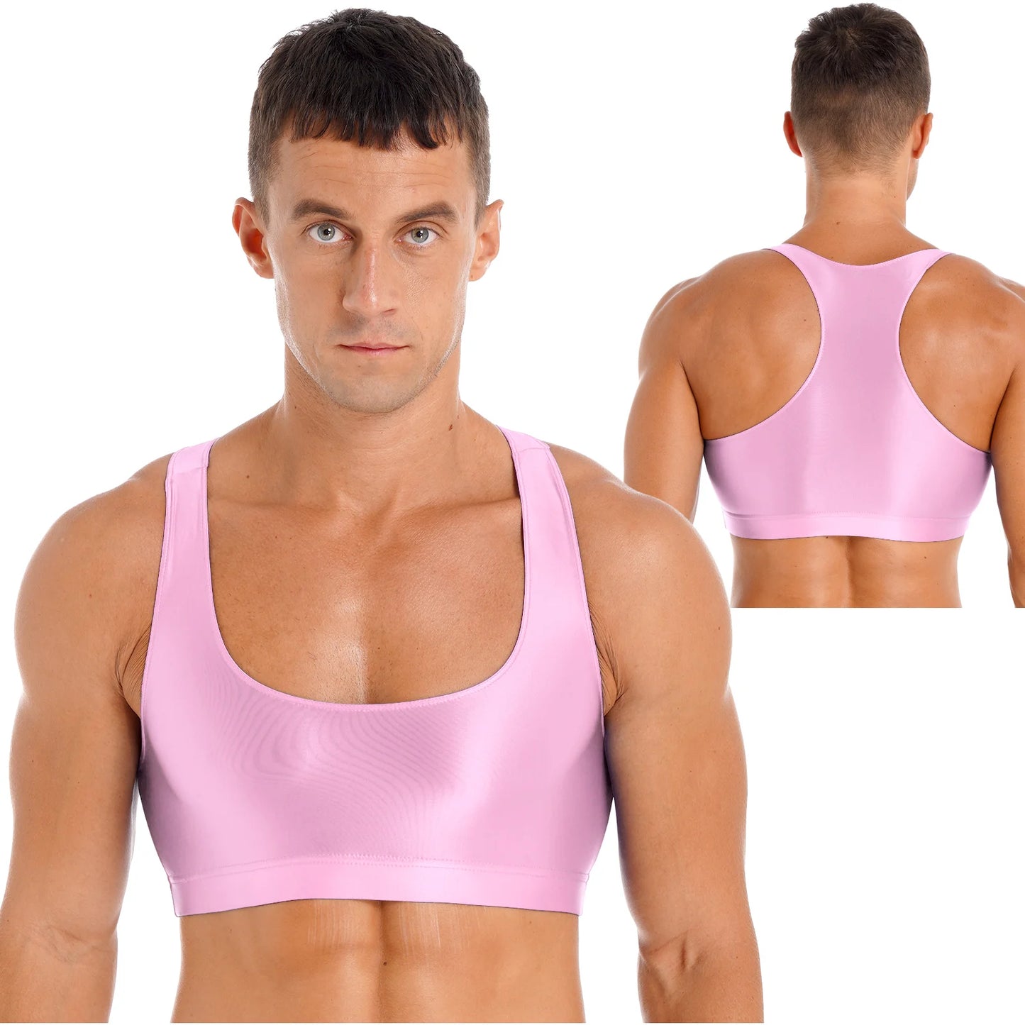 Mens Glossy Crop Top Short Sleeve Oil Shiny Slim Fit Sports Fitness T-shirt Tee Workout Cheer Booty Dance Tops Swimwear Clubwear
