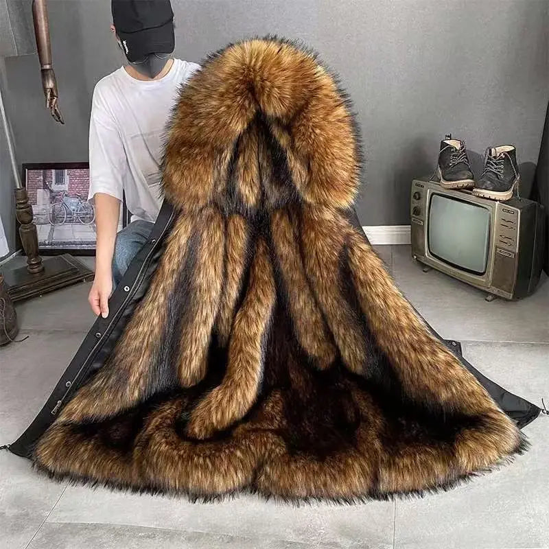 Winter Men Long Hooded Jacket High Quality Raccoon Fur Collar
