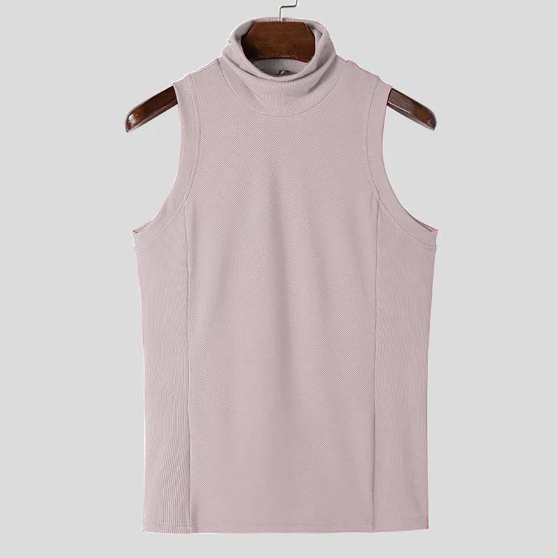 Men's Clothing Sexy Skinny Solid Color Tank Tops High Colalr Sleeveless Gym Streetwear Leisure Vests Party Basic Shirt S-3XL