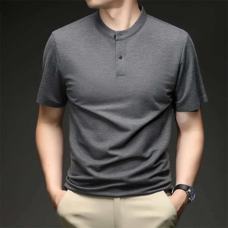 Mens Short Sleeve Mandarin Collar Polo Shirt Casual Tops With Buttons Breathable Slim Fit Waffle Knit Tees For Men Summer Style