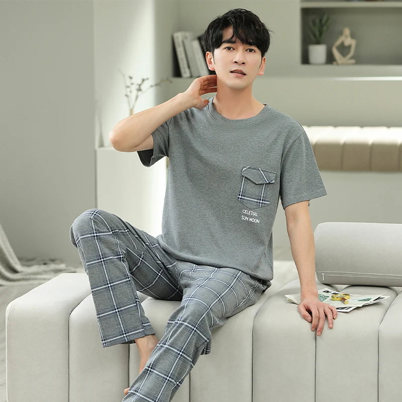Men's Home Clothes Summer Striped Cotton Sleepwear Lounge Set Homewear Male Pajamas Set Trouser Home Suit Big Size Pijama Hombre