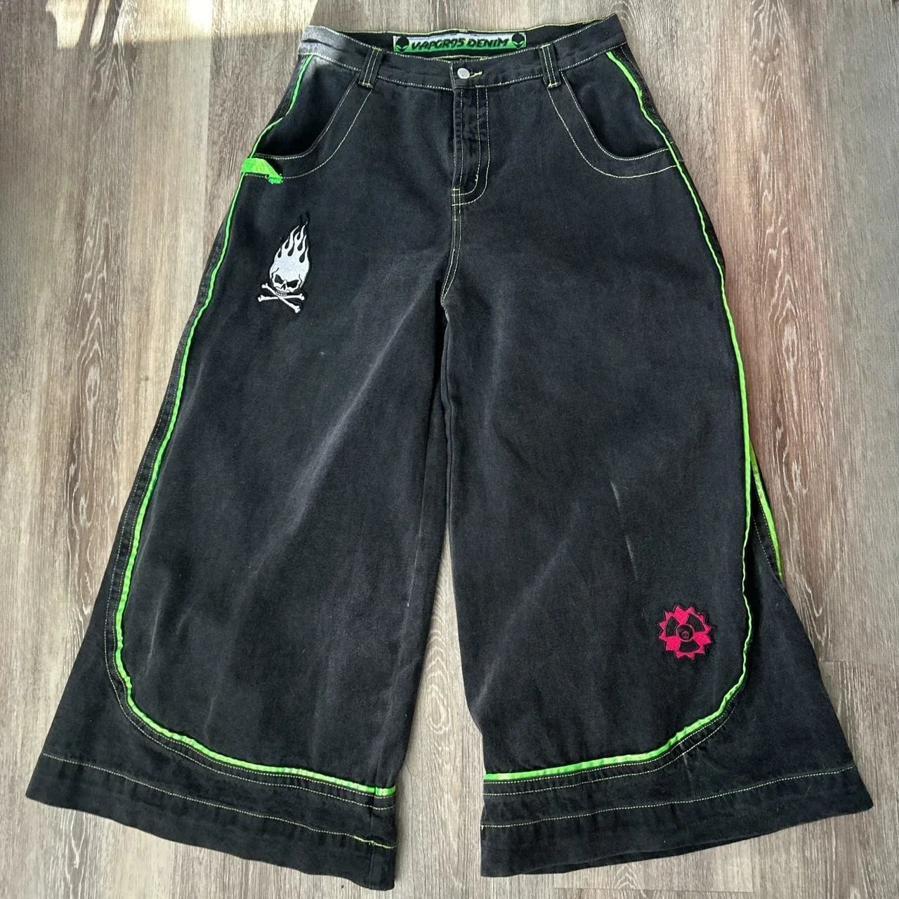 Wide Leg Denim Jeans for Men with Alien Pattern