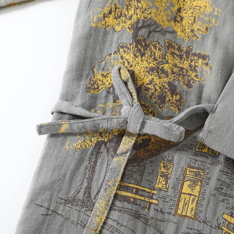 Comfortable Loose Homewear Sleepwear Set Japanese Style Men's Cotton Kimono Pajamas Set - Long Sleeve Robe with Pants