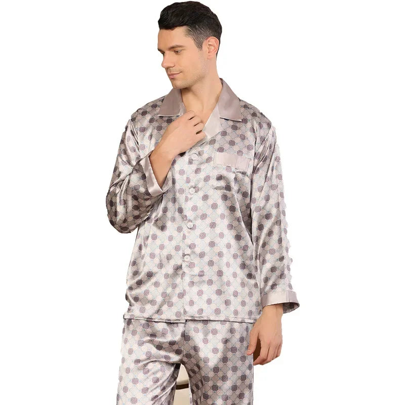 Silk Satin Pajamas for Men Sleepwear Cozy Soft Print Long Sleeve Nightgown Tops + Trousers Two Pieces Mens Pajama Set