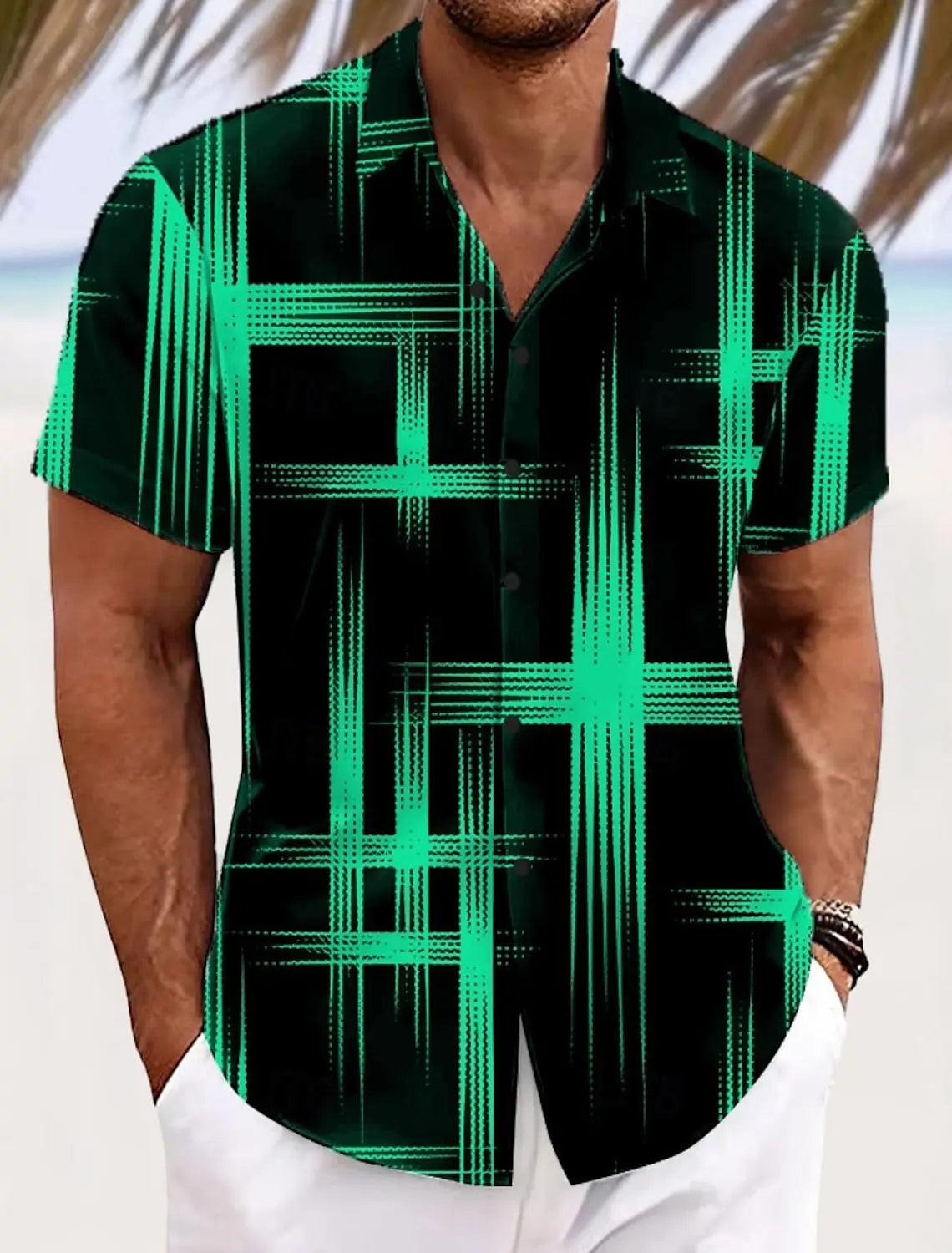 Men's Short Sleeve Geometric Plaid Hawaiian Shirt
