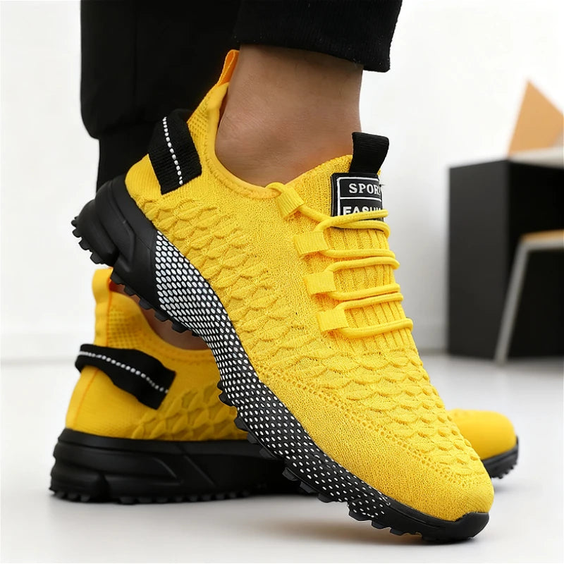 Men's Yellow Knit Sport Sneakers Lightweight Mesh Casual Shoes