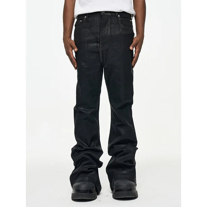 Black Vinyl Coated Wide Leg Jeans for Men