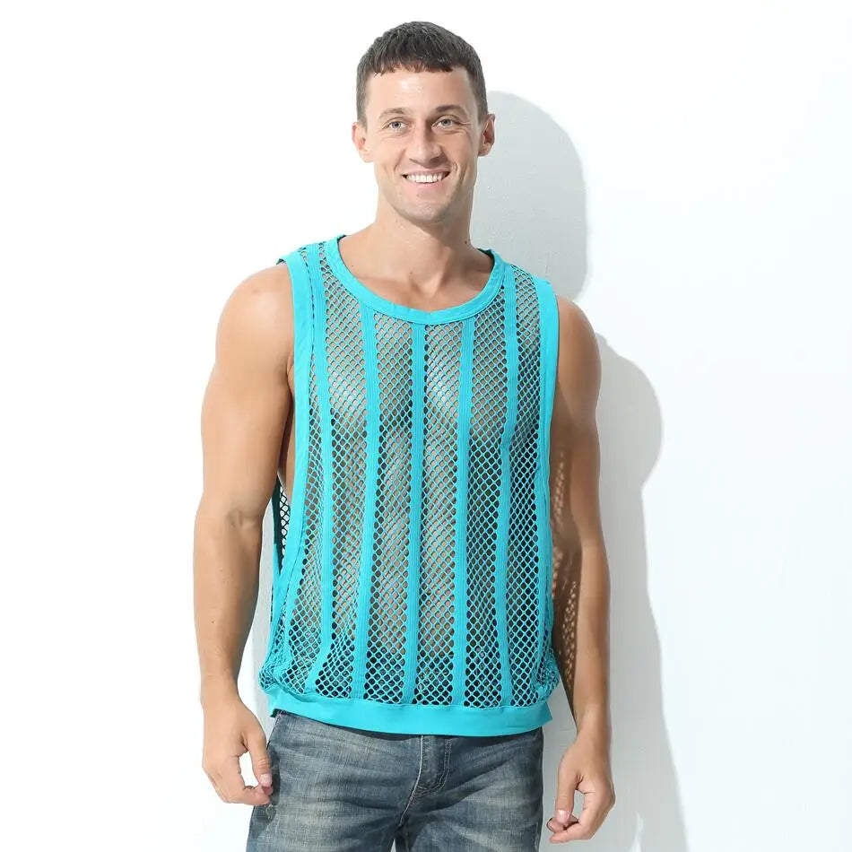 Mens Undershirts Vest Mesh See Through Sleeveless T Shirt Sexy Singlets Fitness Transparent Men Tank Tops Gym Vest