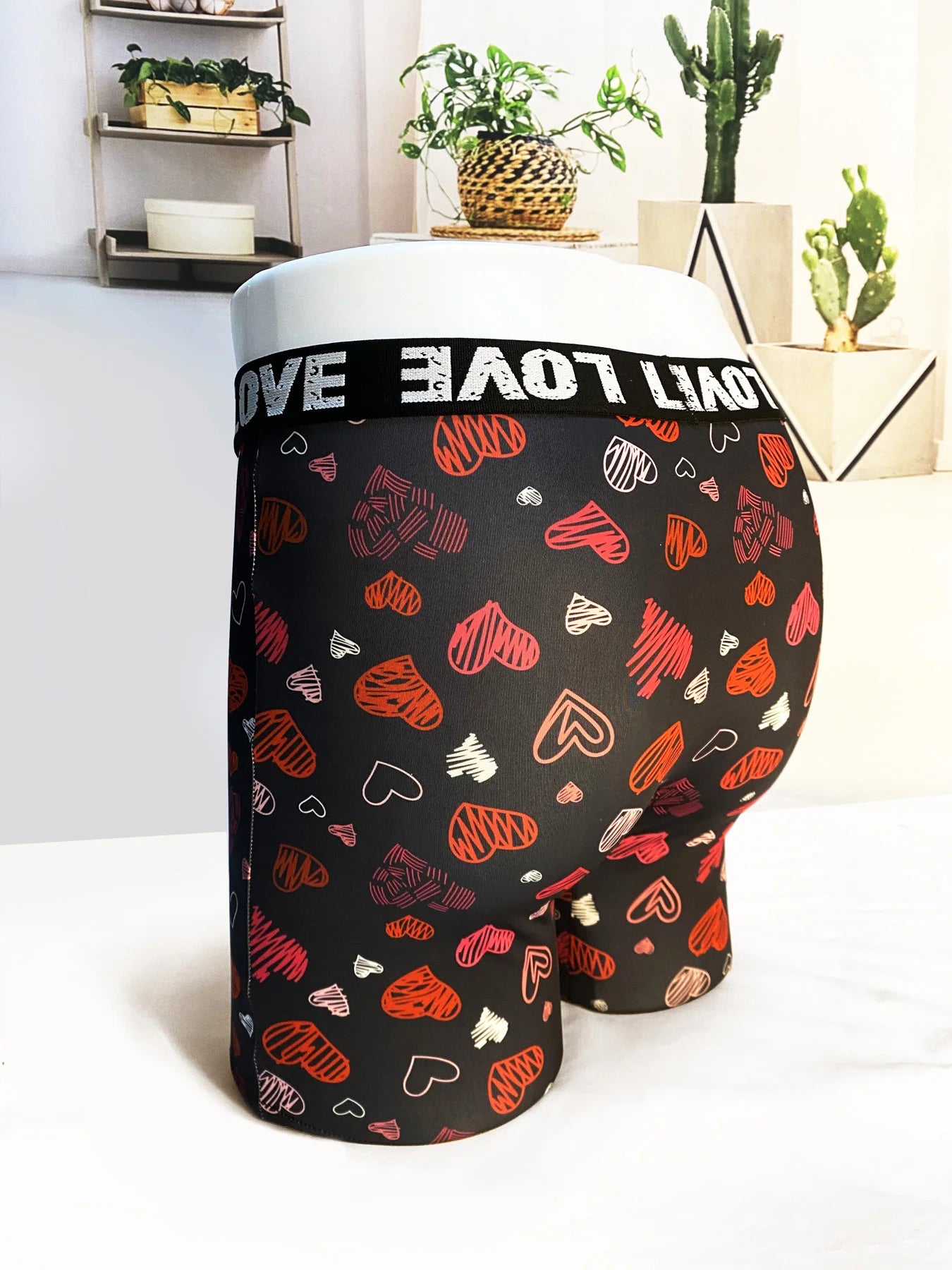 Men's Black Printed Boxer Shorts with Lips and Hearts