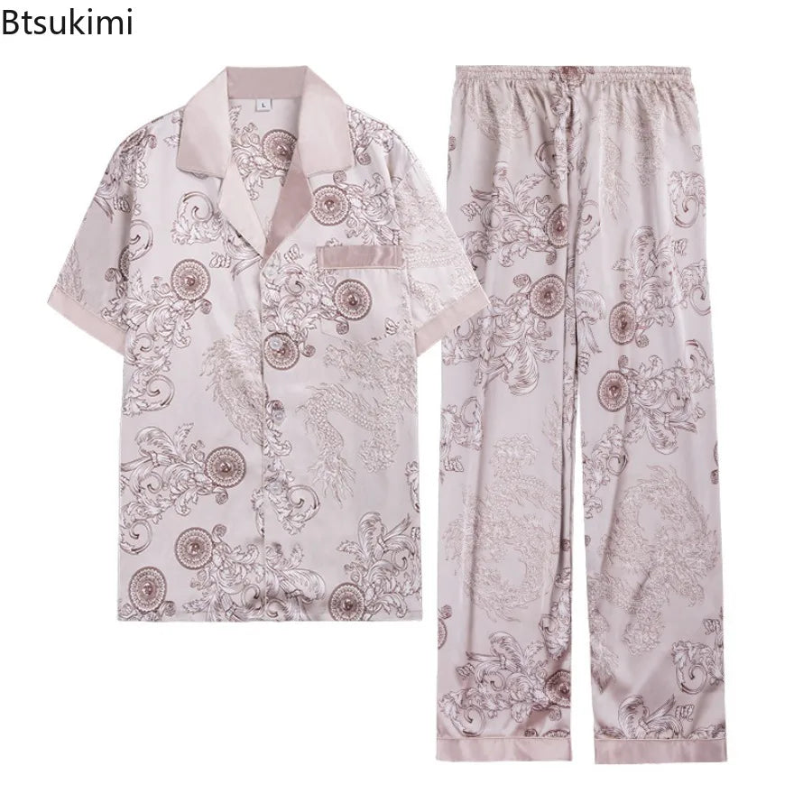 2026 Spring Summer Loungewear Short Sleeves Long Pants Pajama Set Men Printed Satin Silk Pyjamas Male Pajamas Household Clothes
