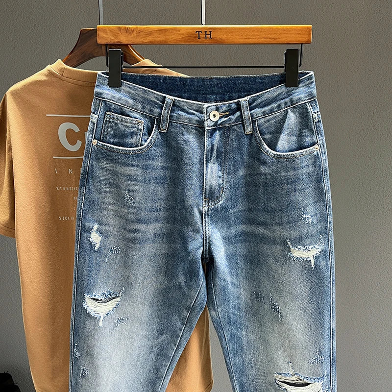 Vintage Blue Denim Ripped Jeans for Men Casual Streetwear