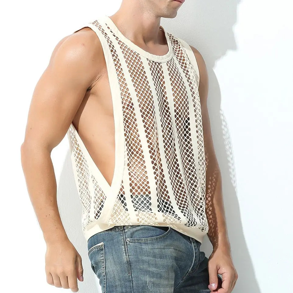 Mens Mesh Sheer Vest Bodybuilding Running Tank Tops Sexy Fishnet Fitness Sportwear Muscle Sleeveless Hollow Singlet Quick Dry