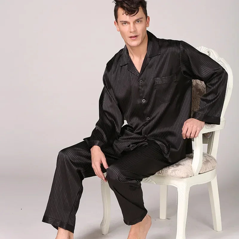 Silk Satin Pajamas for Men Sleepwear Cozy Soft Print Long Sleeve Nightgown Tops + Trousers Two Pieces Mens Pajama Set