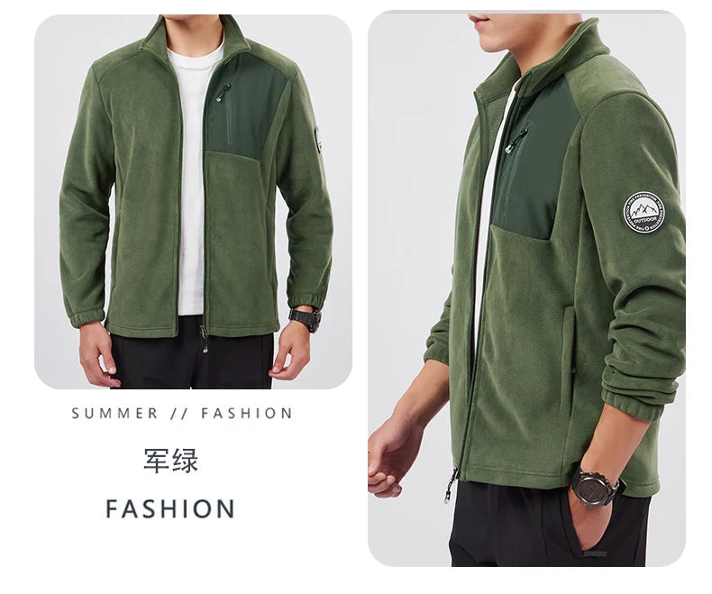 Unisex Outdoor Fleece Jacket Men  Warm Slim-Fit  Zip-Up Front Solid Color Jacket