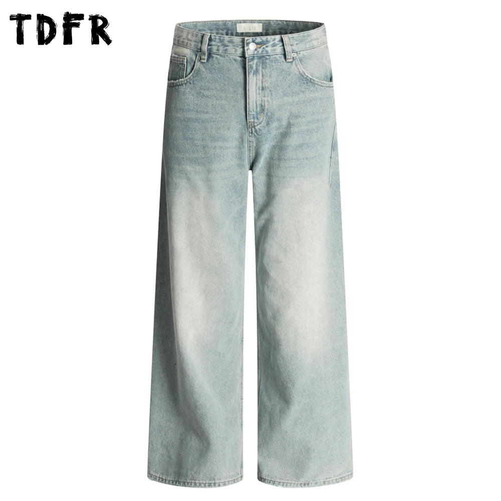 Ripped Straight Jeans Mens Pocket Retro Casual Washed Distressed Baggy Wide Leg Denim Pants Man