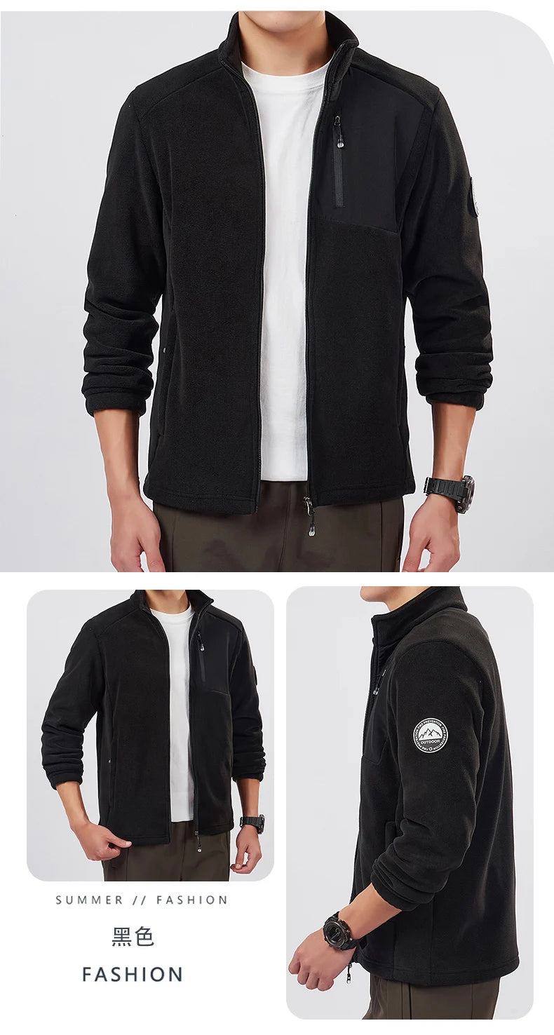 Unisex Outdoor Fleece Jacket Men  Warm Slim-Fit  Zip-Up Front Solid Color Jacket