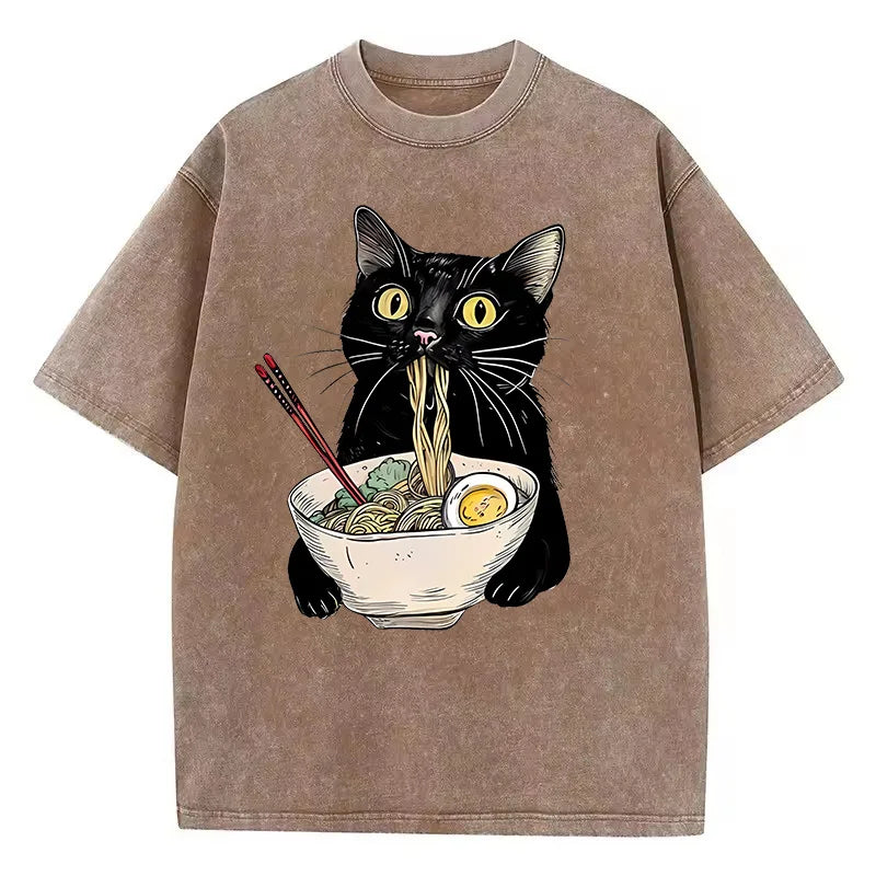 Black Cotton Cat Eating Ramen Graphic Tee