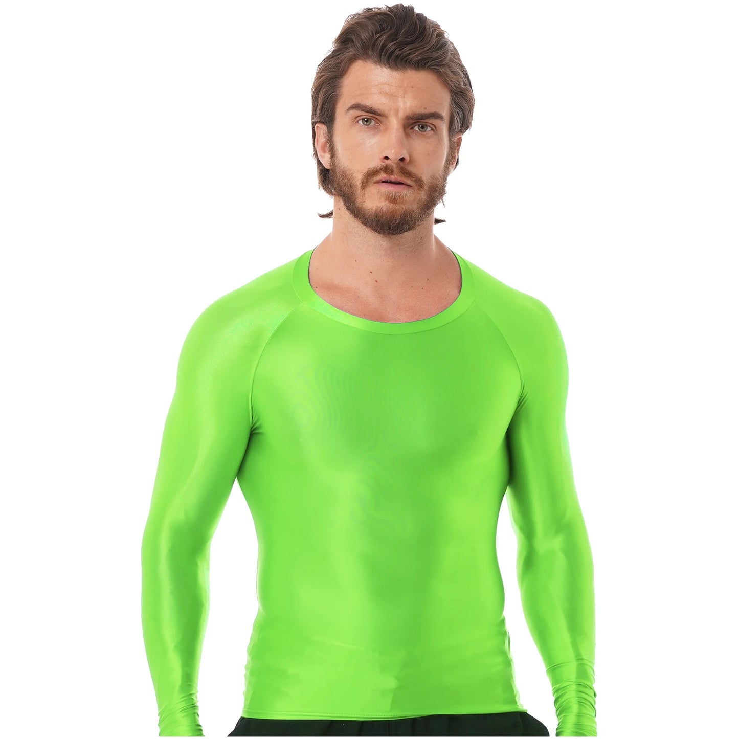 Mens Glossy Sports Tops Long Sleeve T-shirt Solid Color Slim Fit Breathable Fitness Gymnastics Workout Tops Yoga Beach Swimwear
