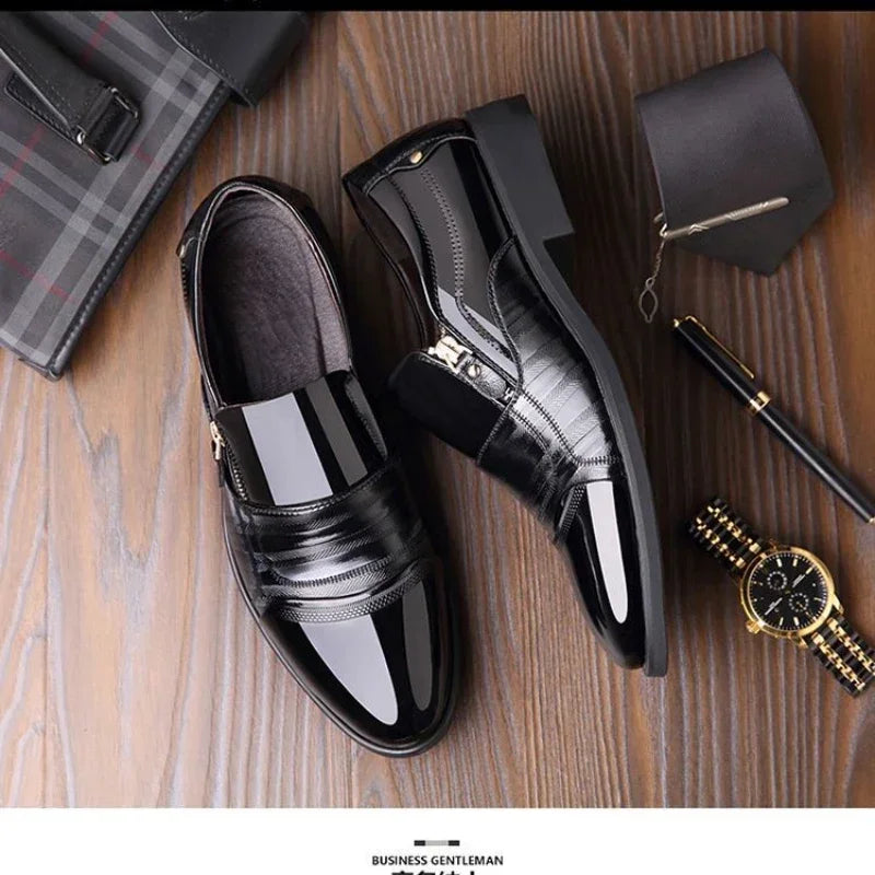 Men's Leather Business Dress Shoes with Zip Closure