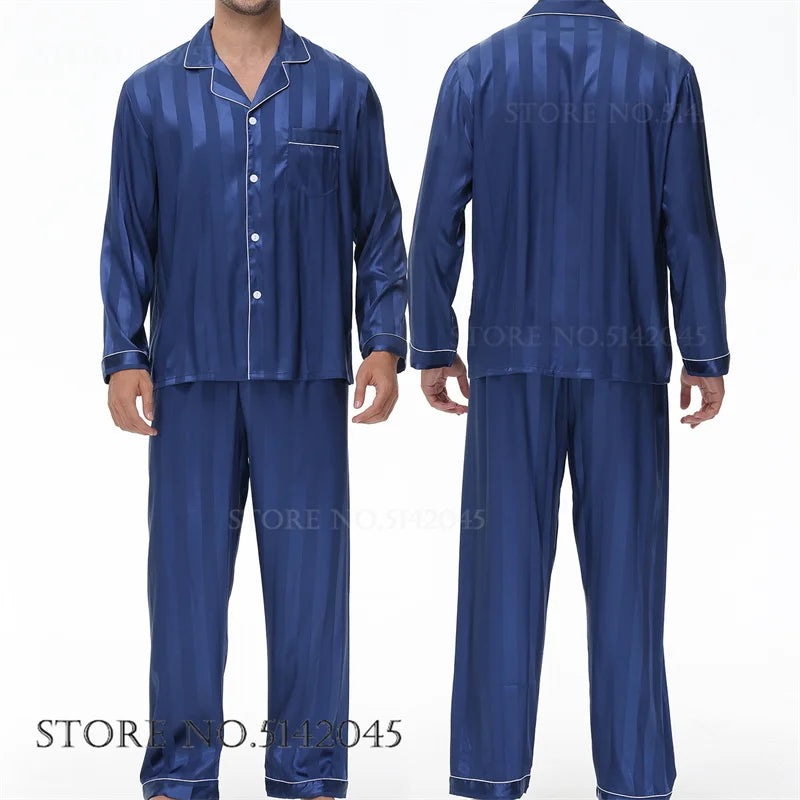 Men Pajamas Sleepwear 2PCS Set Navy Blue Stripes Long Sleeve Trouser Suits Home Clothes Male Loose Silk Satin Pijamas Loungewear